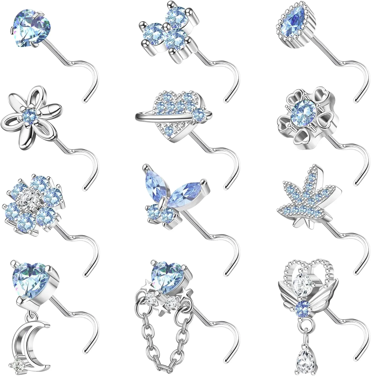 Sanfenly 12 PCS 20G Nose Rings Surgical Stainless Steel, L Shaped Nose Studs for Women Men, CZ Heart Butterfly Flower Leaf Moon Dangle Cute Nose Piercings Studs Screw Jewelry Pink/Purple/Blue/Clear