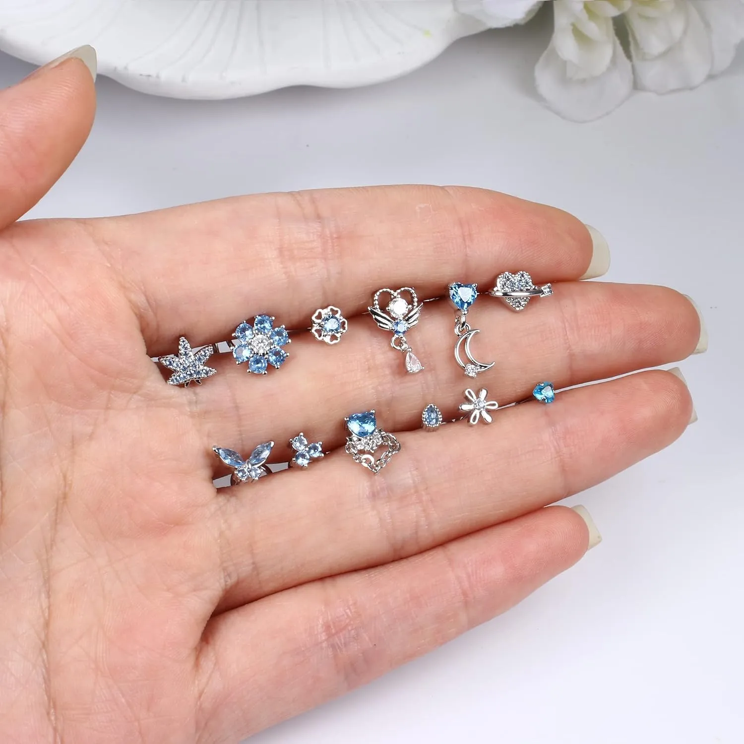 Sanfenly 12 PCS 20G Nose Rings Surgical Stainless Steel, L Shaped Nose Studs for Women Men, CZ Heart Butterfly Flower Leaf Moon Dangle Cute Nose Piercings Studs Screw Jewelry Pink/Purple/Blue/Clear