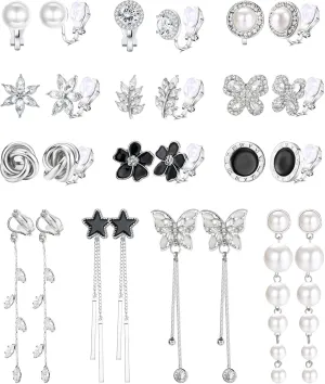 Sanfenly 13 Pairs Clip On Earrings for Women Gold/Silver Non Pierced Clip On Stud Earrings Clip Dangle Earrings Rhinestone Simulated Pearl Butterfly Flower Star Knot Hypoallergenic Clip Earrings Set