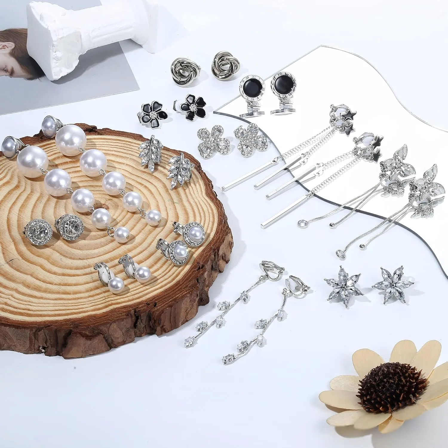 Sanfenly 13 Pairs Clip On Earrings for Women Gold/Silver Non Pierced Clip On Stud Earrings Clip Dangle Earrings Rhinestone Simulated Pearl Butterfly Flower Star Knot Hypoallergenic Clip Earrings Set