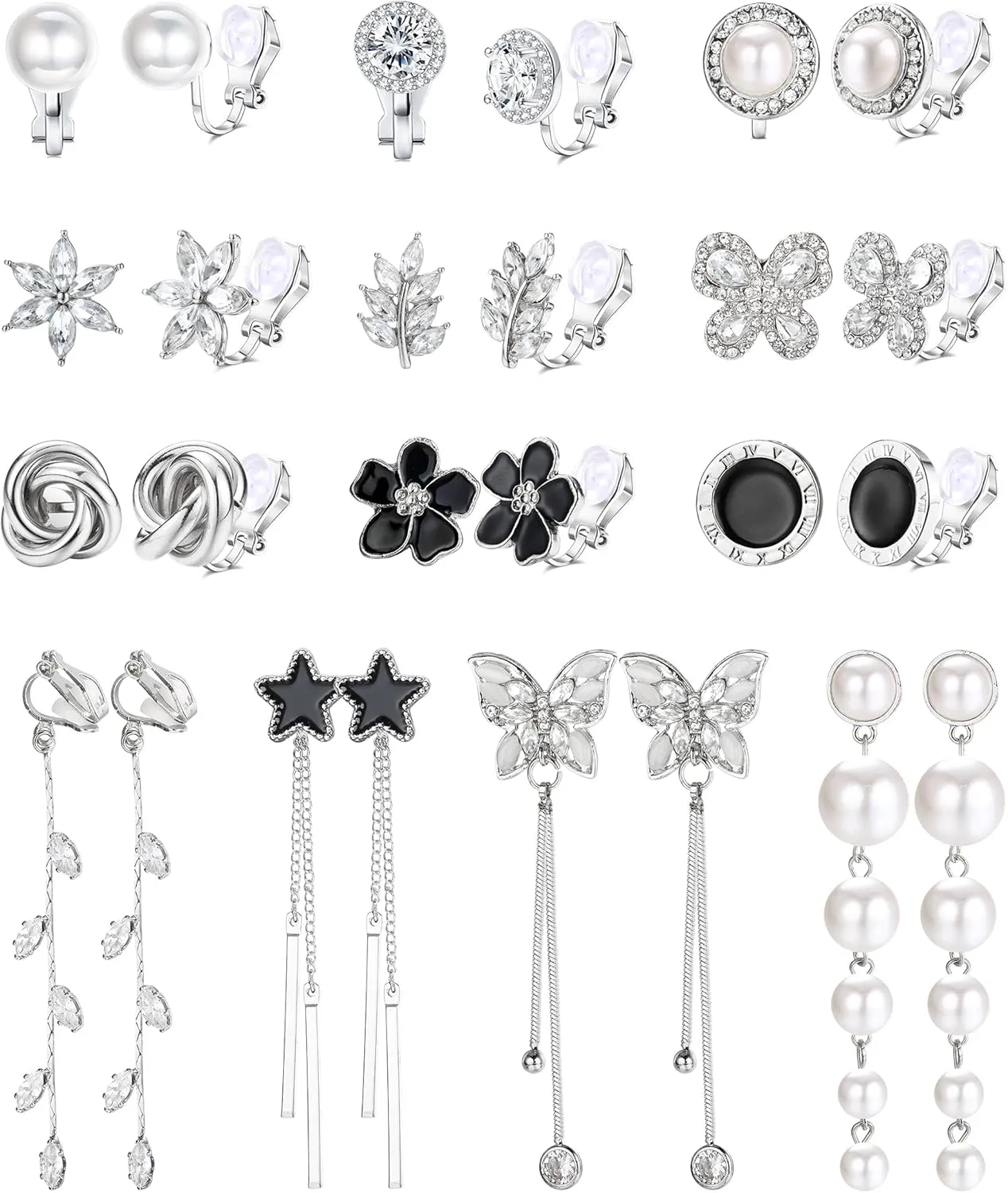 Sanfenly 13 Pairs Clip On Earrings for Women Gold/Silver Non Pierced Clip On Stud Earrings Clip Dangle Earrings Rhinestone Simulated Pearl Butterfly Flower Star Knot Hypoallergenic Clip Earrings Set