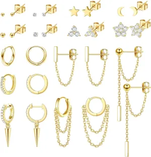 Sanfenly 14 Pairs Studs Earrings and Hoops Set Silver Gold Plated Dangle Chain Earrings Mini Ball CZ Moon Star Flower Studs Huggie Hoop Earring for Women