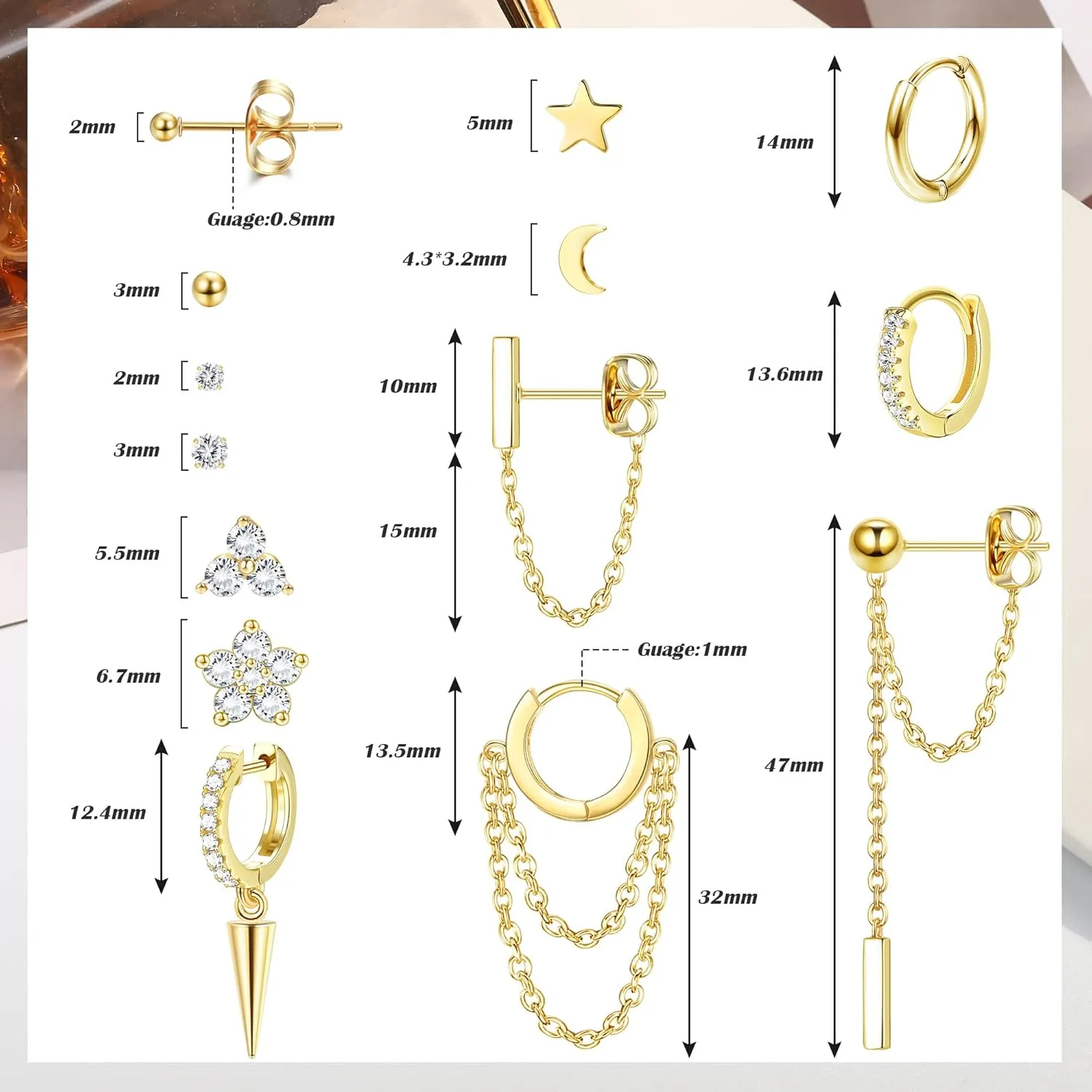 Sanfenly 14 Pairs Studs Earrings and Hoops Set Silver Gold Plated Dangle Chain Earrings Mini Ball CZ Moon Star Flower Studs Huggie Hoop Earring for Women