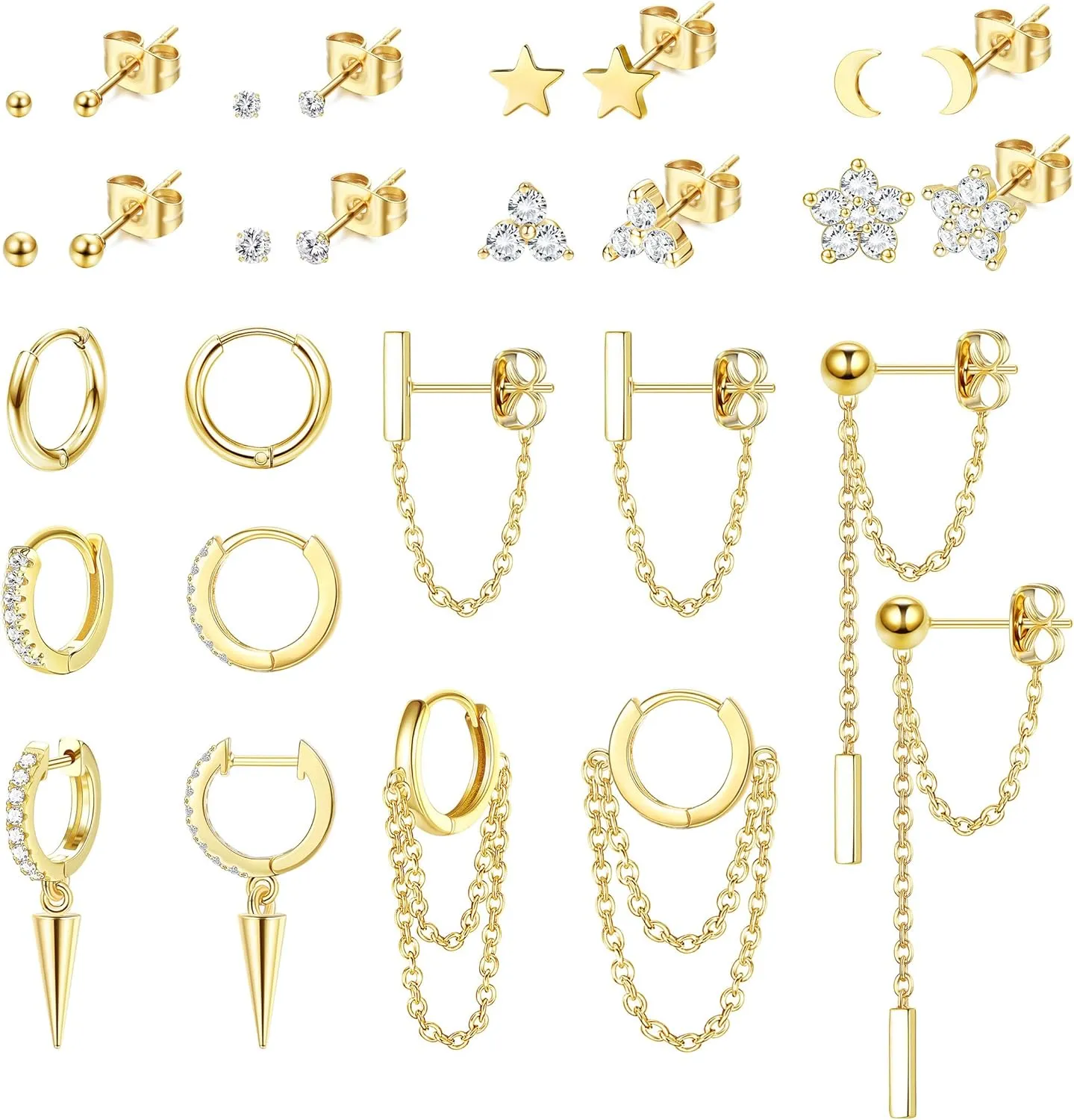 Sanfenly 14 Pairs Studs Earrings and Hoops Set Silver Gold Plated Dangle Chain Earrings Mini Ball CZ Moon Star Flower Studs Huggie Hoop Earring for Women