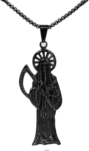 Santa Muerte Necklace Diamond 14K Gold Plated Santa Muerte Pendant Jewelry With Sickle Holiday Gift (Black 220)