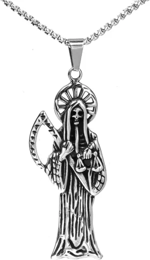 Santa Muerte Necklace Diamond 14K Gold Plated Santa Muerte Pendant Jewelry With Sickle Holiday Gift (Silver 221)