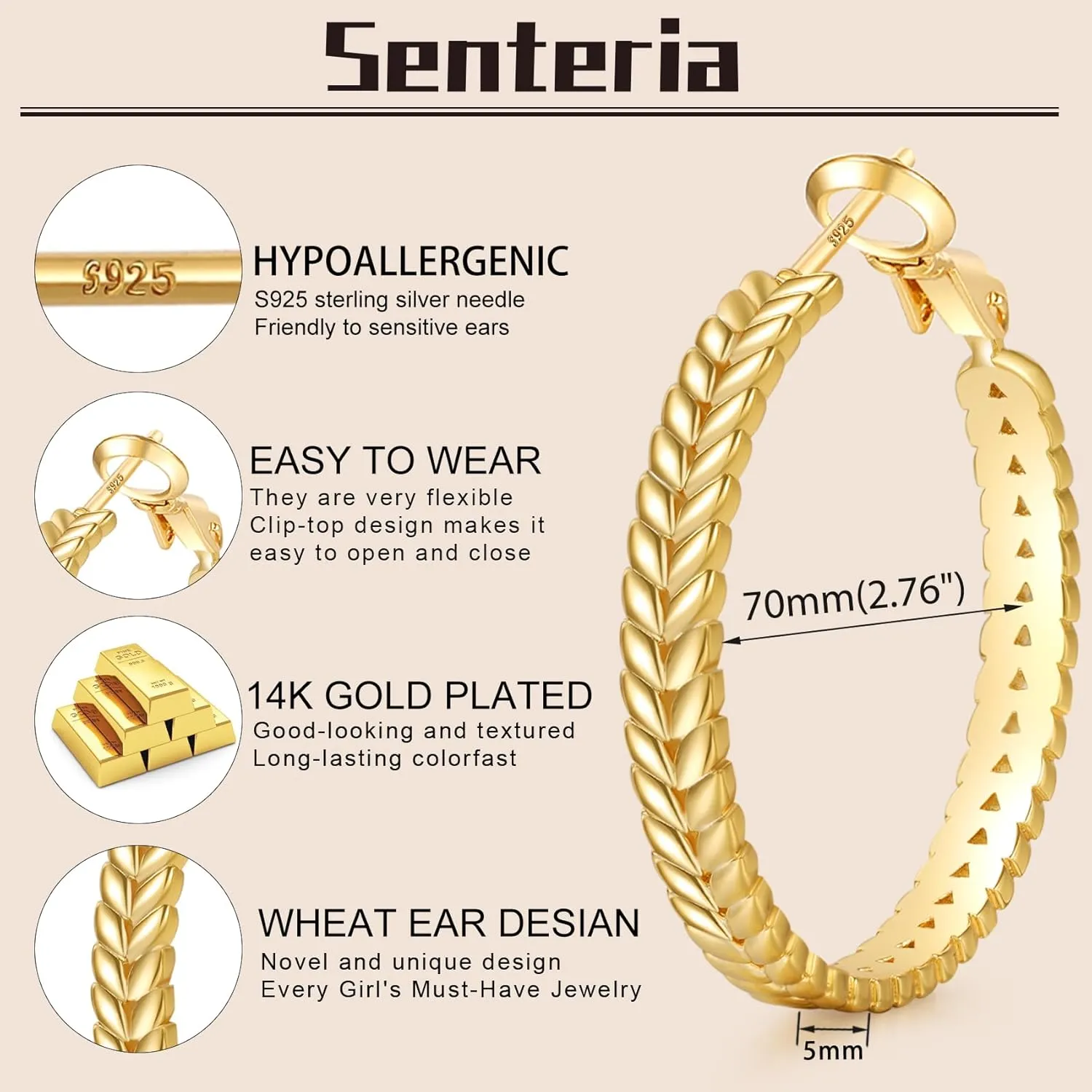 Senteria Large 925 Sterling Silver Hoop Earrings for Women Lightweight Thick Silver Hoop Earrings Wheat Twisted Hoop Earrings Hypoallergenic 5mm Wide Big Silver Hoop Earrings for Women 30/40/50mm
