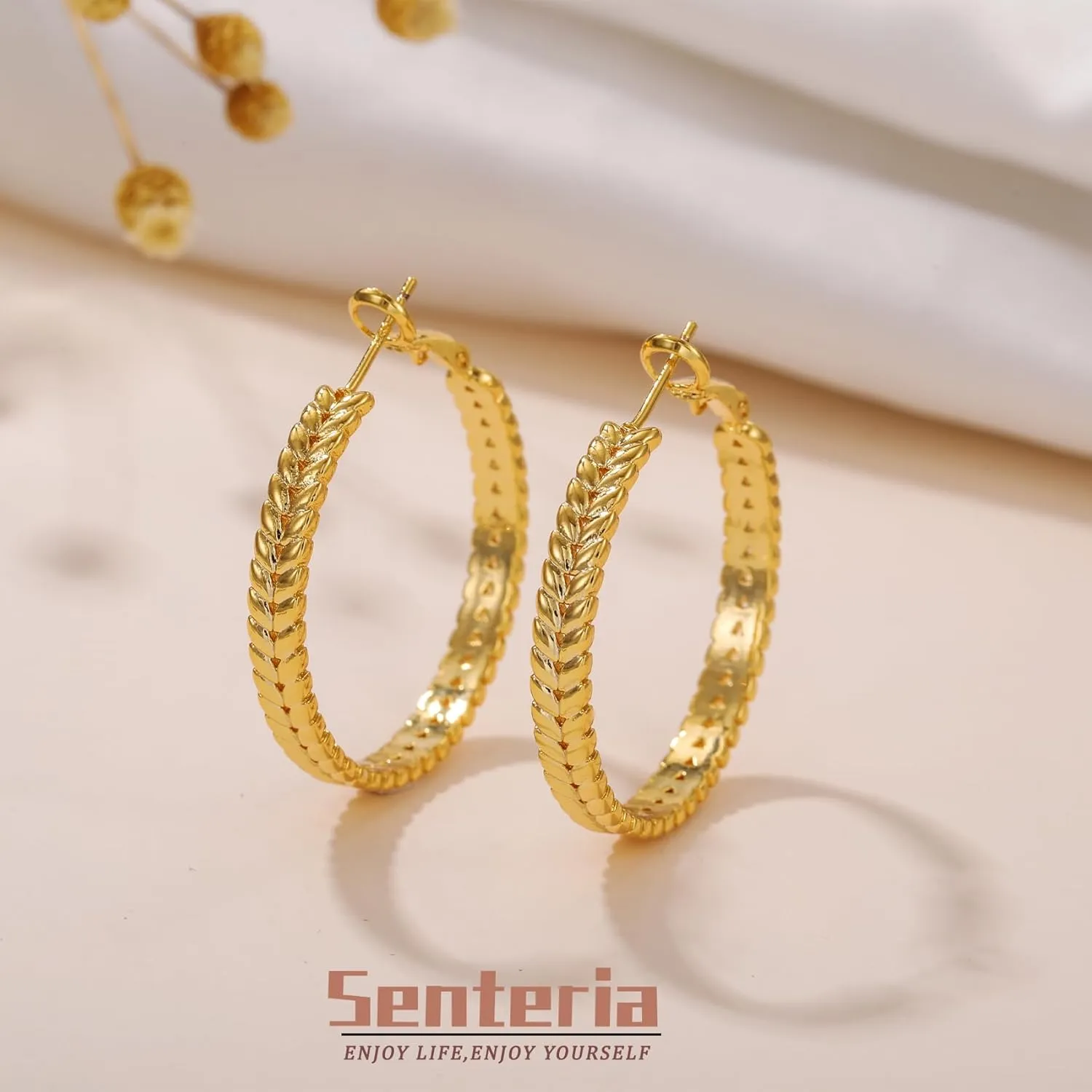 Senteria Large 925 Sterling Silver Hoop Earrings for Women Lightweight Thick Silver Hoop Earrings Wheat Twisted Hoop Earrings Hypoallergenic 5mm Wide Big Silver Hoop Earrings for Women 30/40/50mm