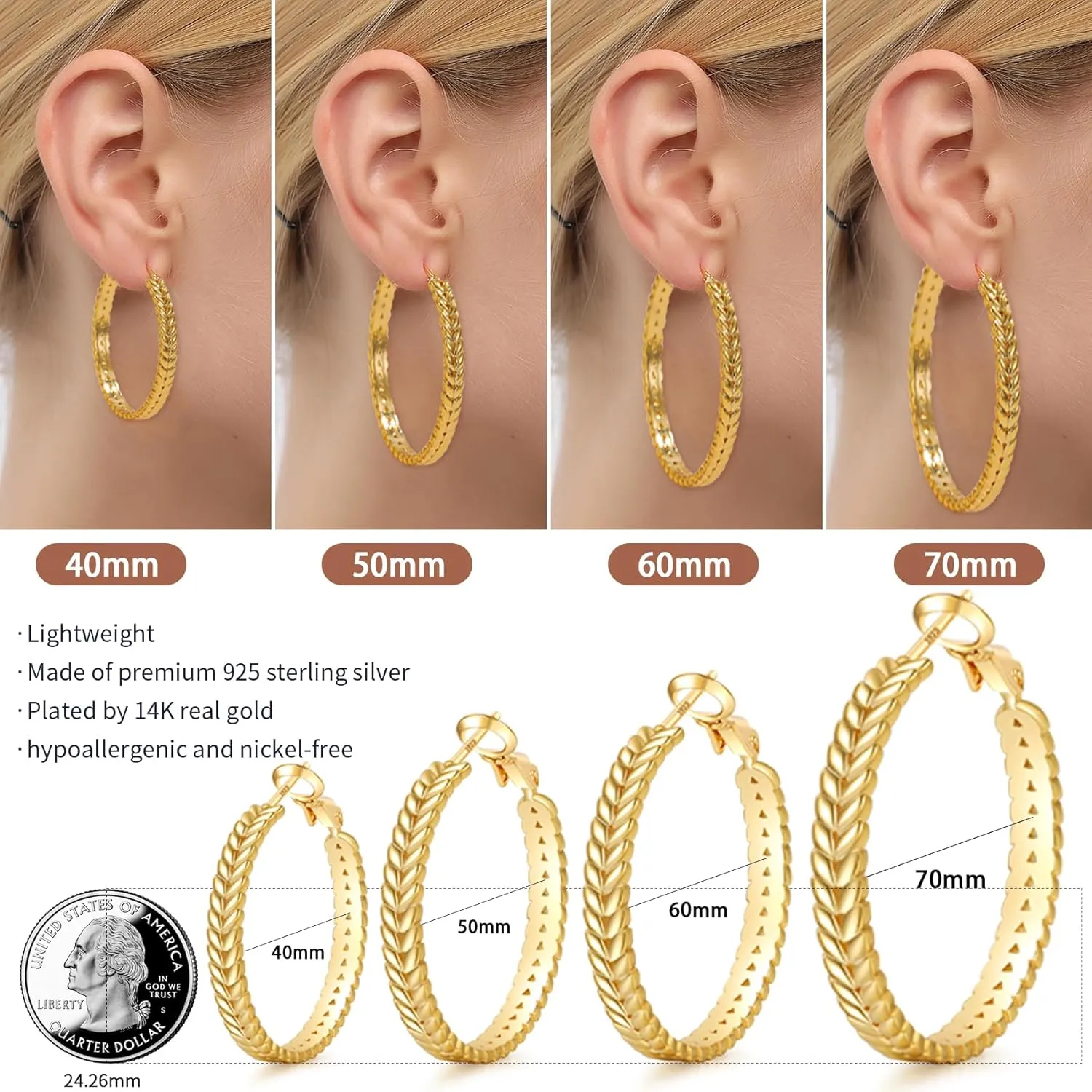 Senteria Large 925 Sterling Silver Hoop Earrings for Women Lightweight Thick Silver Hoop Earrings Wheat Twisted Hoop Earrings Hypoallergenic 5mm Wide Big Silver Hoop Earrings for Women 30/40/50mm