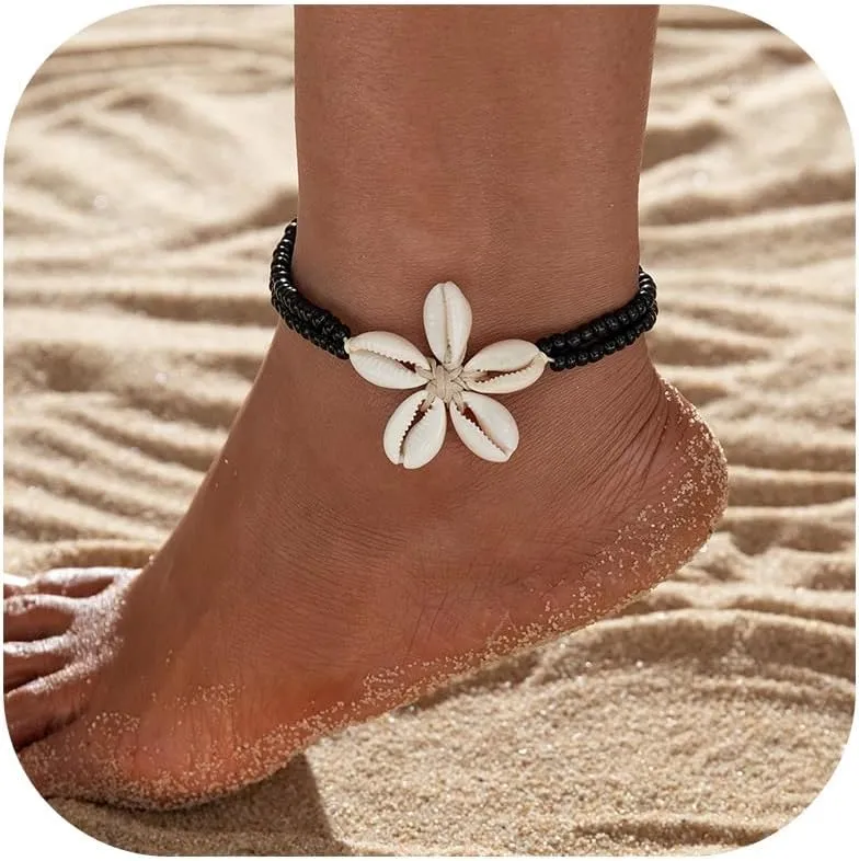 Shell Anklets for Women Shell Beach Jewelry Accessories White Pink Black Flower Ankle Bracelet Summer Vacation Dress Outfits