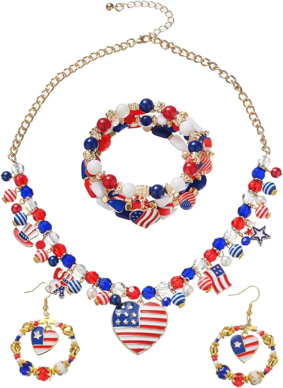 Shine on Independence Day! Embrace American pride with a Star-spangled Pendant Necklace, an Elegant Charmed Letter Bracelet, and Sparkling Star Earrings - A Trendy Patriotic Trio!