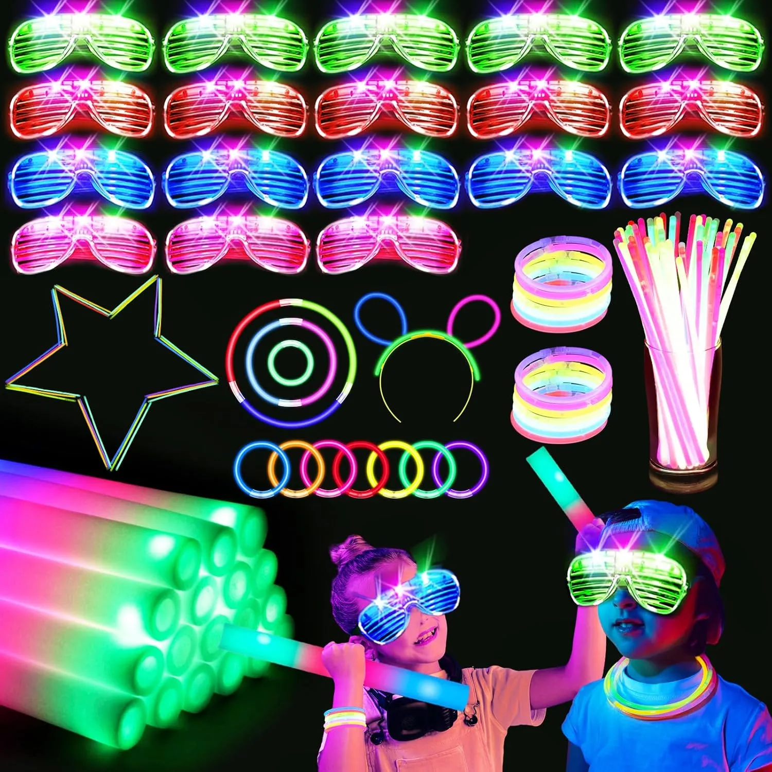 SHQDD136 PCS Glow in the Dark Party Supplies, New Year Party Favors18 Foam Glow Sticks, 18 LED Glasses and 100 Glow Sticks Bracelets,Neon Party Favors for Glow Party,Wedding,Concert,Raves and Birthday
