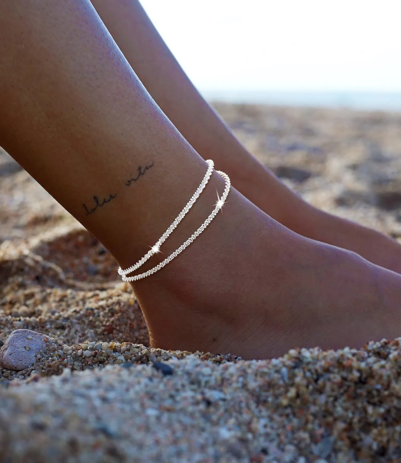 Silver Anklets for Women, Waterproof Sterling Silver Layer Anklet Dainty Beach Bling Ankle Bracelets for Women Fashion Summer Foot Jewelry Gift for Women Teen Girls