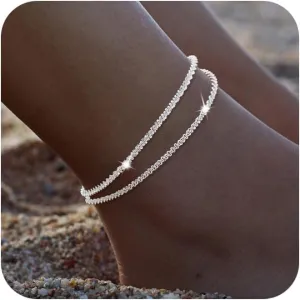 Silver Anklets for Women, Waterproof Sterling Silver Layer Anklet Dainty Beach Bling Ankle Bracelets for Women Fashion Summer Foot Jewelry Gift for Women Teen Girls