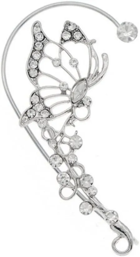 Silver Butterfly Ear Cuff for Women Rhinestone Hollow Butterfly Non Piercing Sparkling Single Ear Cuff Earrings Adjustable Ear Clip Wrap Around Earring
