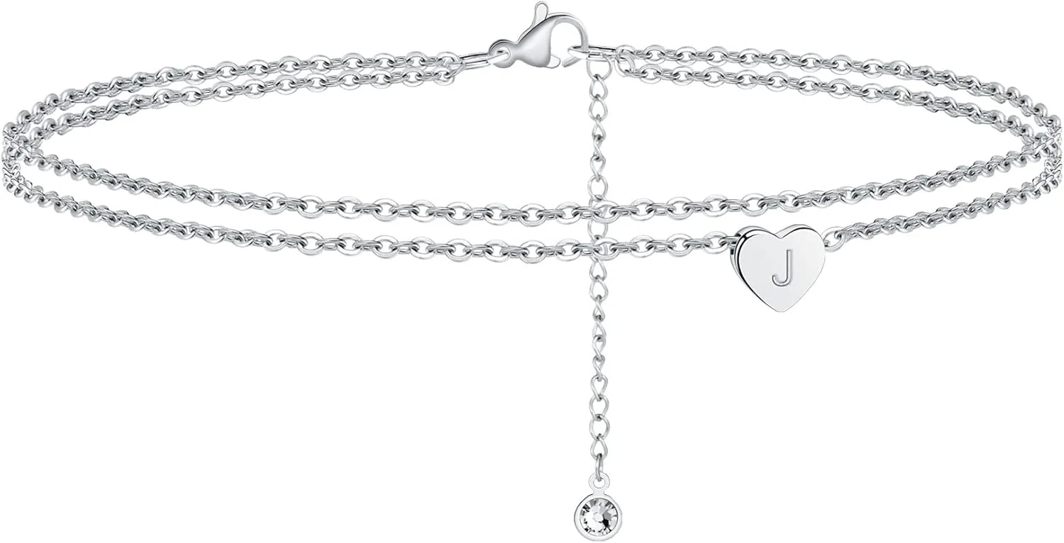 Silver Heart Initial Ankle Bracelets for Women, 14K White Gold Filled Handmade Dainty Layered Anklet With Letter Initial, Summer Foot Beach Jewelry