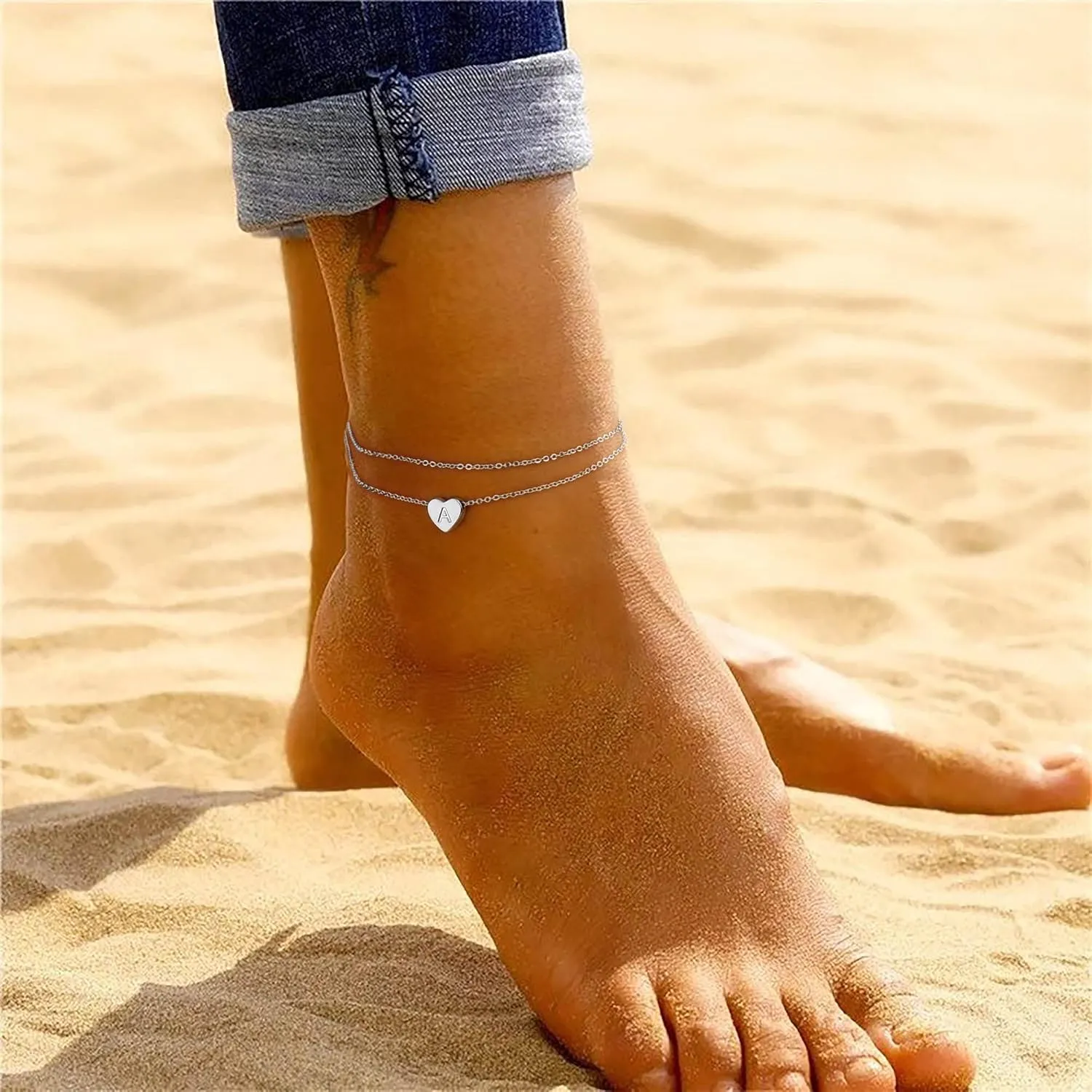 Silver Heart Initial Ankle Bracelets for Women, 14K White Gold Filled Handmade Dainty Layered Anklet With Letter Initial, Summer Foot Beach Jewelry