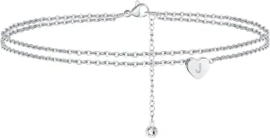 Silver Heart Initial Ankle Bracelets for Women, 14K White Gold Filled Handmade Dainty Layered Anklet With Letter Initial, Summer Foot Beach Jewelry