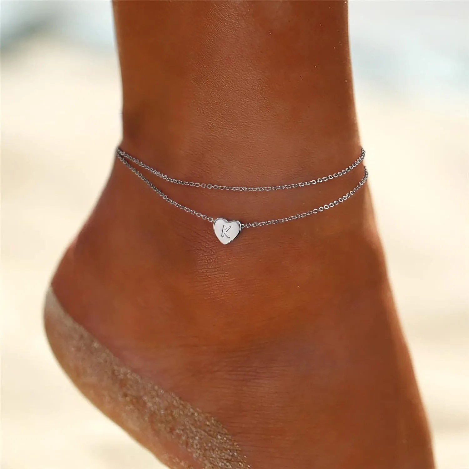 Silver Heart Initial Ankle Bracelets for Women, 14K White Gold Filled Handmade Dainty Layered Anklet With Letter Initial, Summer Foot Beach Jewelry