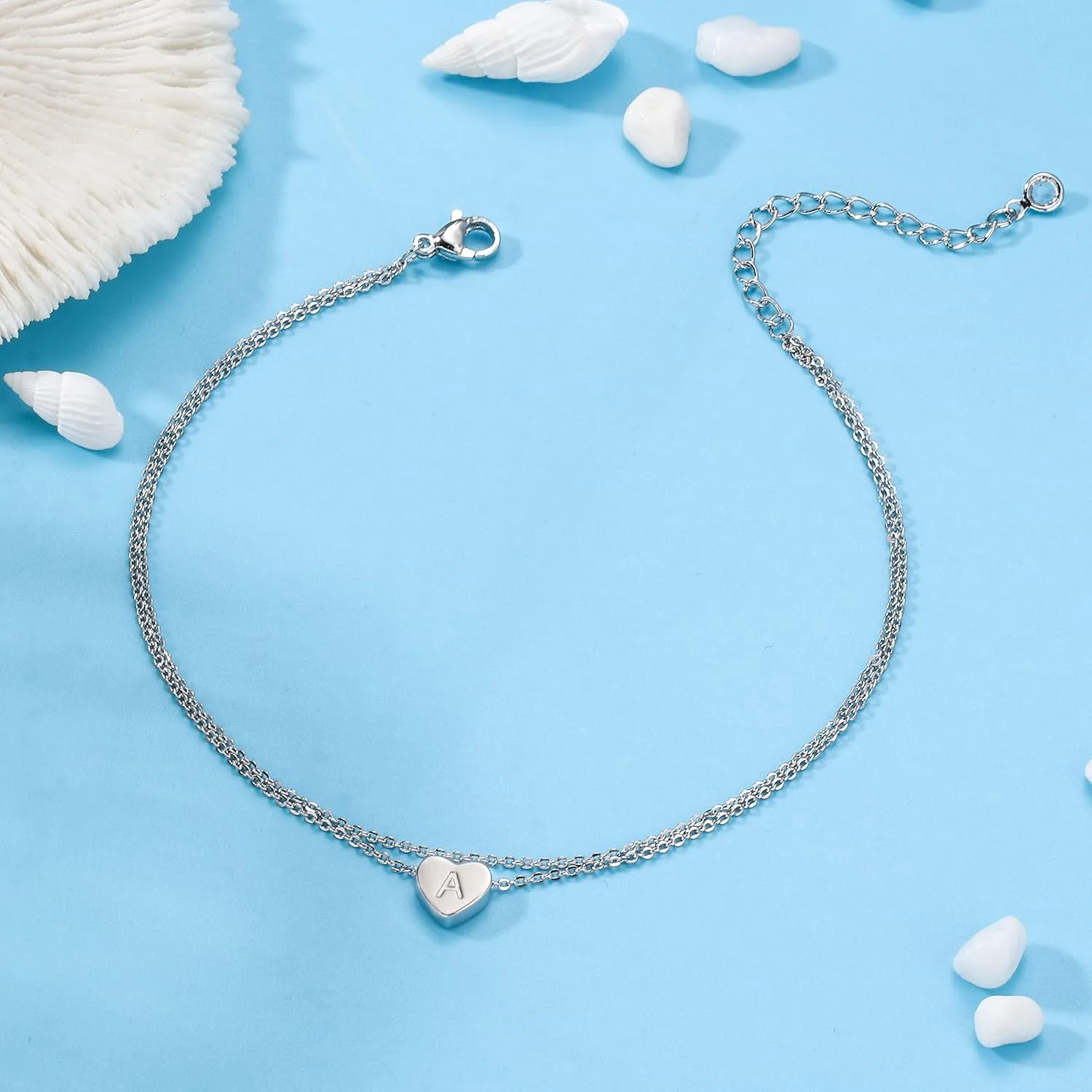 Silver Heart Initial Ankle Bracelets for Women, 14K White Gold Filled Handmade Dainty Layered Anklet With Letter Initial, Summer Foot Beach Jewelry