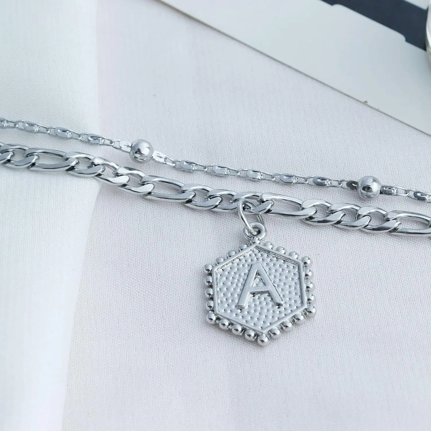 Silver Initial Anklet for Women Layered Beaded Hexagon Letter Ankle Silver Cuban Link Anklet Bracelet for Women Men Dainty Letter Name Ankle Bracelets