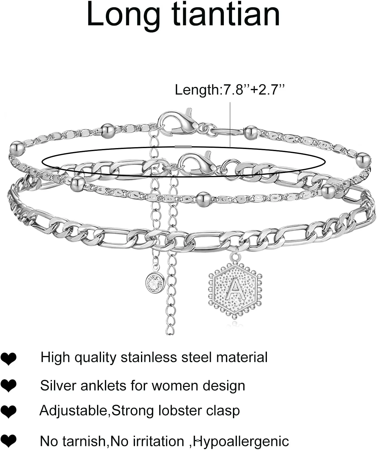 Silver Initial Anklet for Women Layered Beaded Hexagon Letter Ankle Silver Cuban Link Anklet Bracelet for Women Men Dainty Letter Name Ankle Bracelets