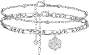 Silver Initial Anklet for Women Layered Beaded Hexagon Letter Ankle Silver Cuban Link Anklet Bracelet for Women Men Dainty Letter Name Ankle Bracelets