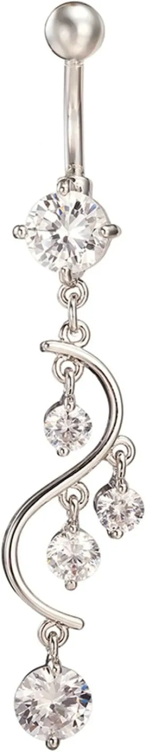 Silver Simple Belly Button Rings, Long Dangling Belly Button Ring 14 Gauge Surgical Steel Cubic Zirconia Belly Button Ring Navel