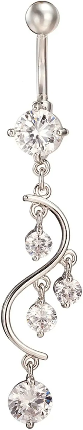 Silver Simple Belly Button Rings, Long Dangling Belly Button Ring 14 Gauge Surgical Steel Cubic Zirconia Belly Button Ring Navel
