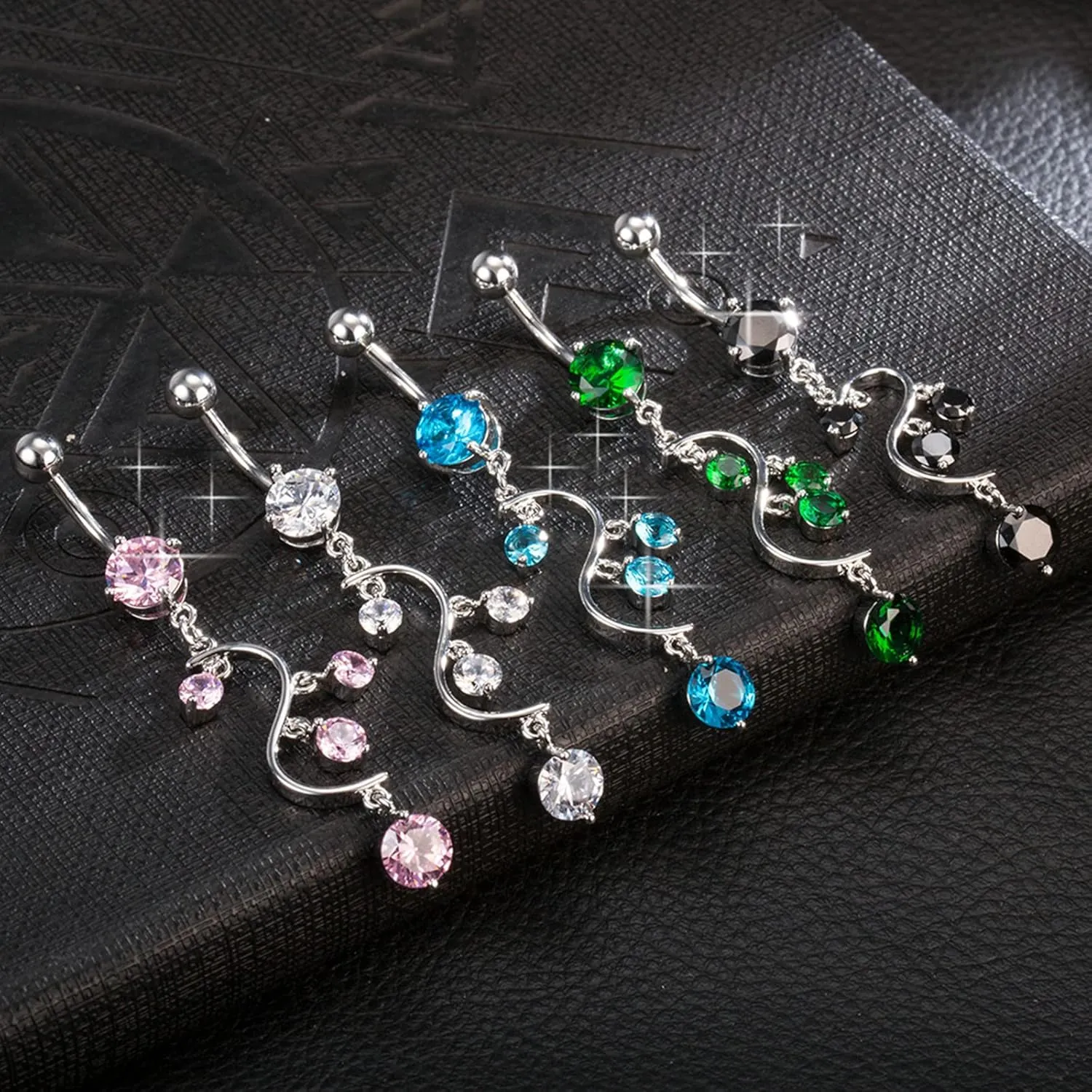 Silver Simple Belly Button Rings, Long Dangling Belly Button Ring 14 Gauge Surgical Steel Cubic Zirconia Belly Button Ring Navel