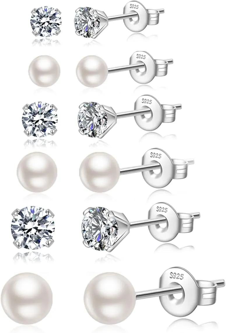 Silver Stud Earrings for Women Hypoallergenic 925 Sterling Silver Pearl Earrings Cubic Zirconia Ball Stud Earrings Set Dainty Earring Sets for Multiple Piercing