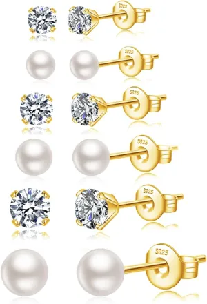 Silver Stud Earrings for Women Hypoallergenic 925 Sterling Silver Pearl Earrings Cubic Zirconia Ball Stud Earrings Set Dainty Earring Sets for Multiple Piercing