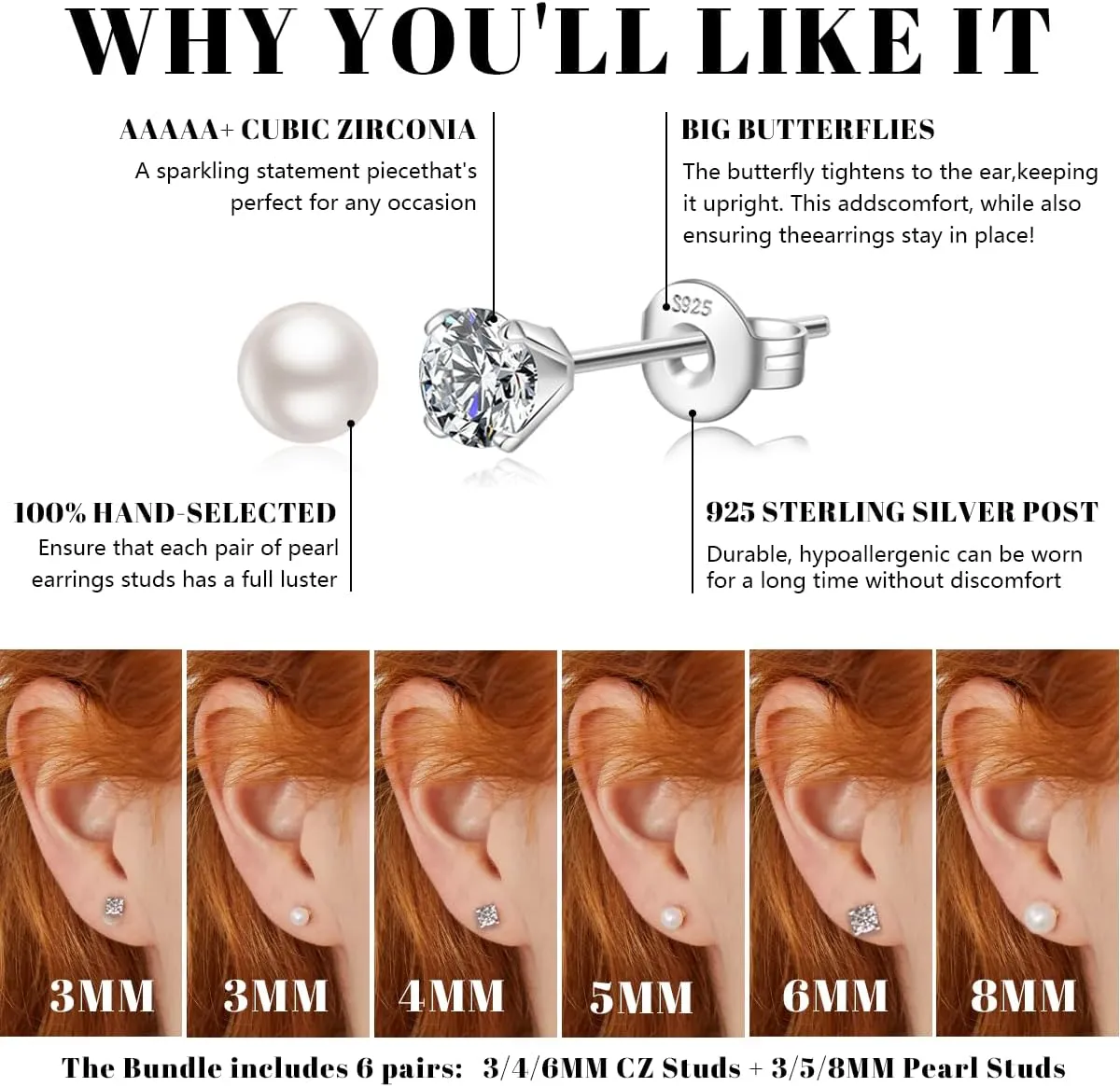 Silver Stud Earrings for Women Hypoallergenic 925 Sterling Silver Pearl Earrings Cubic Zirconia Ball Stud Earrings Set Dainty Earring Sets for Multiple Piercing
