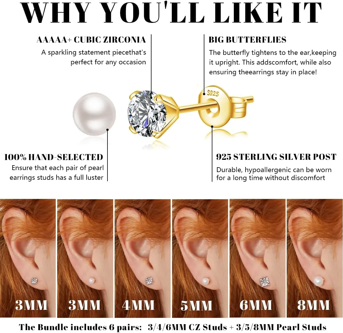Silver Stud Earrings for Women Hypoallergenic 925 Sterling Silver Pearl Earrings Cubic Zirconia Ball Stud Earrings Set Dainty Earring Sets for Multiple Piercing
