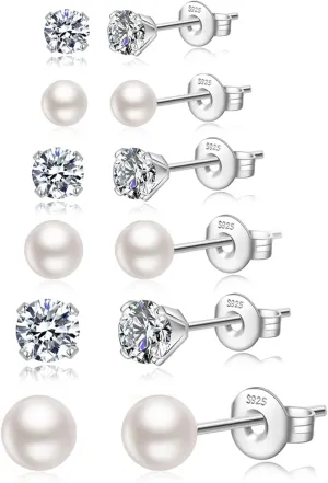 Silver Stud Earrings for Women Hypoallergenic 925 Sterling Silver Pearl Earrings Cubic Zirconia Ball Stud Earrings Set Dainty Earring Sets for Multiple Piercing