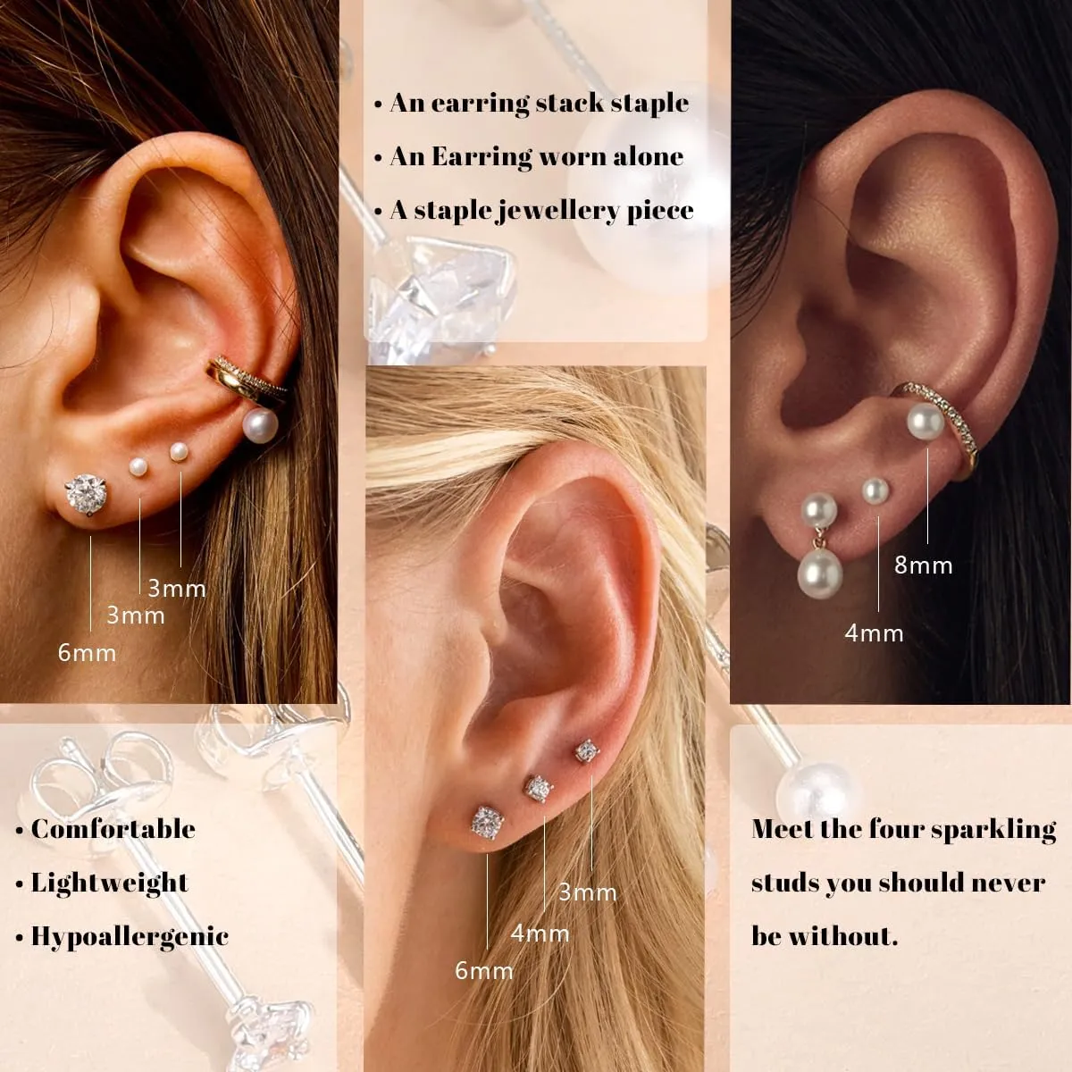 Silver Stud Earrings for Women Hypoallergenic 925 Sterling Silver Pearl Earrings Cubic Zirconia Ball Stud Earrings Set Dainty Earring Sets for Multiple Piercing