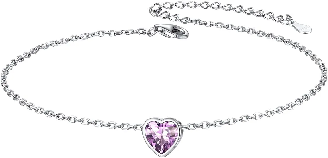 Silvora 925 Sterling Silver Anklets for Women, Dainty Heart Birthstone Ankle Beach Summer Anklet, 8.7-10.7 Inch Adjustable Anklet for Women