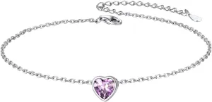 Silvora 925 Sterling Silver Anklets for Women, Dainty Heart Birthstone Ankle Beach Summer Anklet, 8.7-10.7 Inch Adjustable Anklet for Women