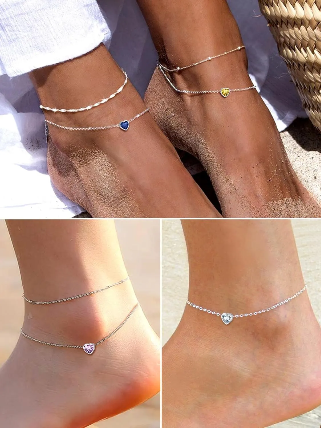 Silvora 925 Sterling Silver Anklets for Women, Dainty Heart Birthstone Ankle Beach Summer Anklet, 8.7-10.7 Inch Adjustable Anklet for Women