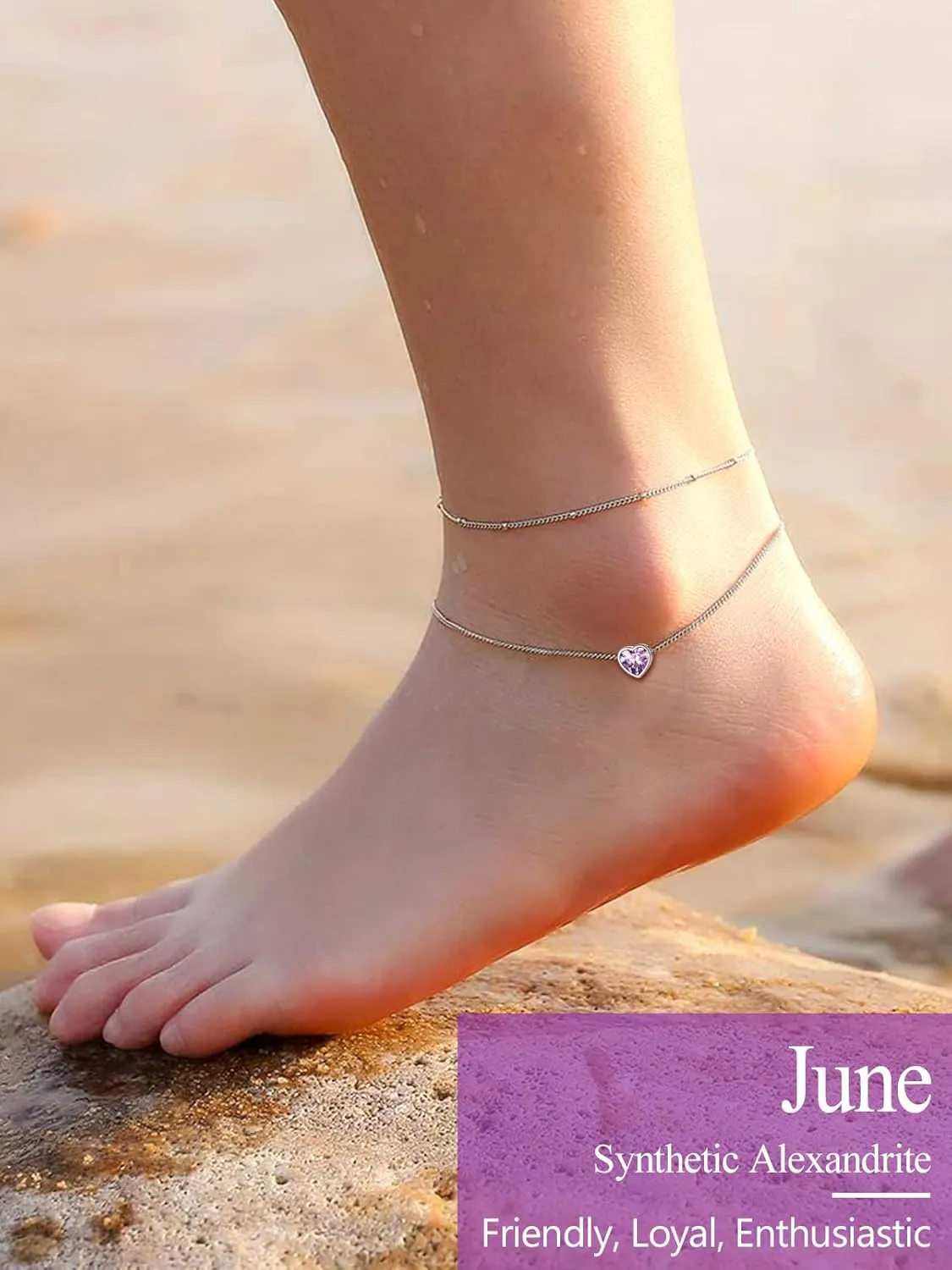 Silvora 925 Sterling Silver Anklets for Women, Dainty Heart Birthstone Ankle Beach Summer Anklet, 8.7-10.7 Inch Adjustable Anklet for Women