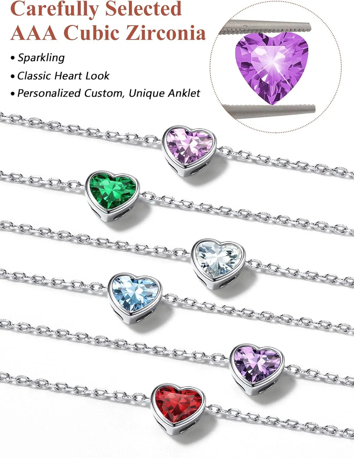 Silvora 925 Sterling Silver Anklets for Women, Dainty Heart Birthstone Ankle Beach Summer Anklet, 8.7-10.7 Inch Adjustable Anklet for Women