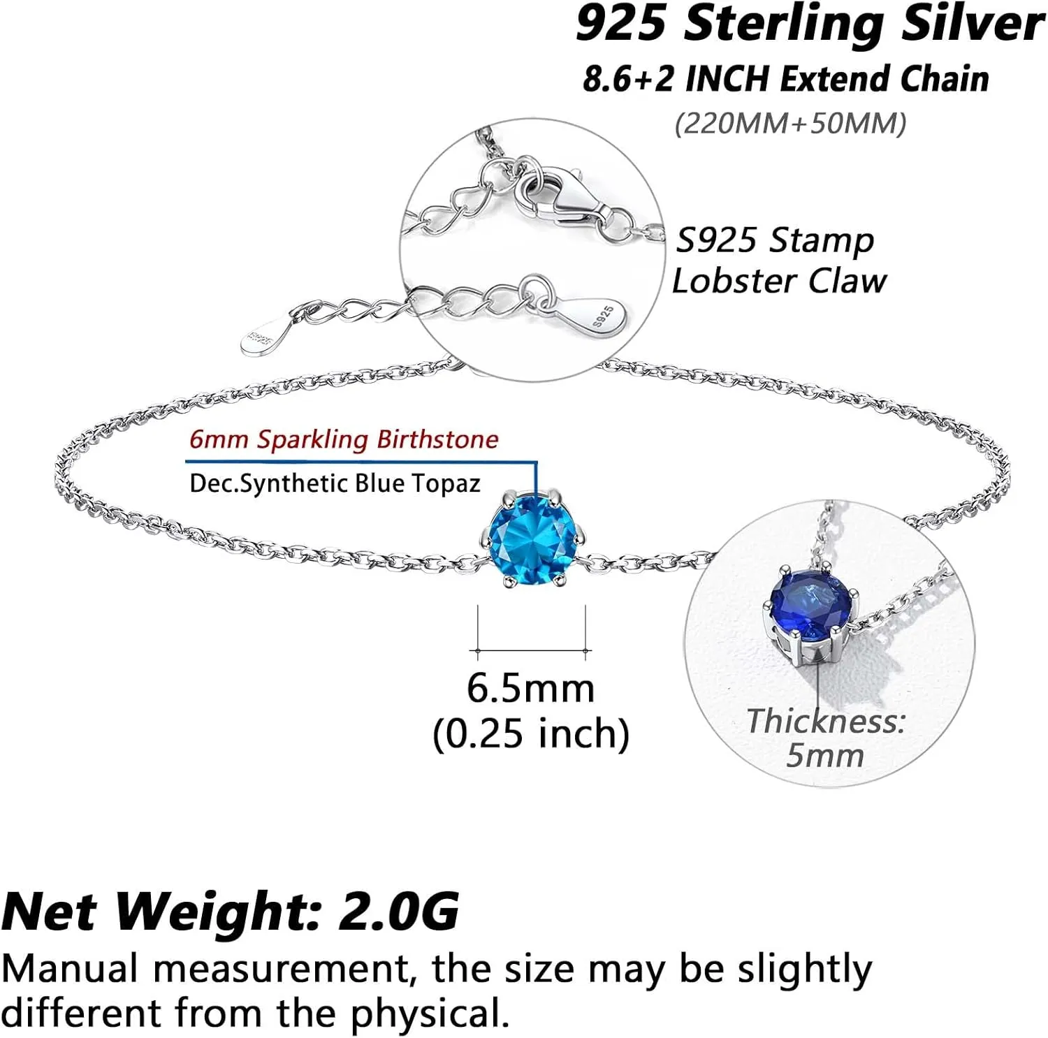 Silvora 925 Sterling Silver Anklets for Women, Dainty Round Birthstone Ankle Beach Summer Anklet, 8.7-10.7 Inch Adjustable Anklet for Women