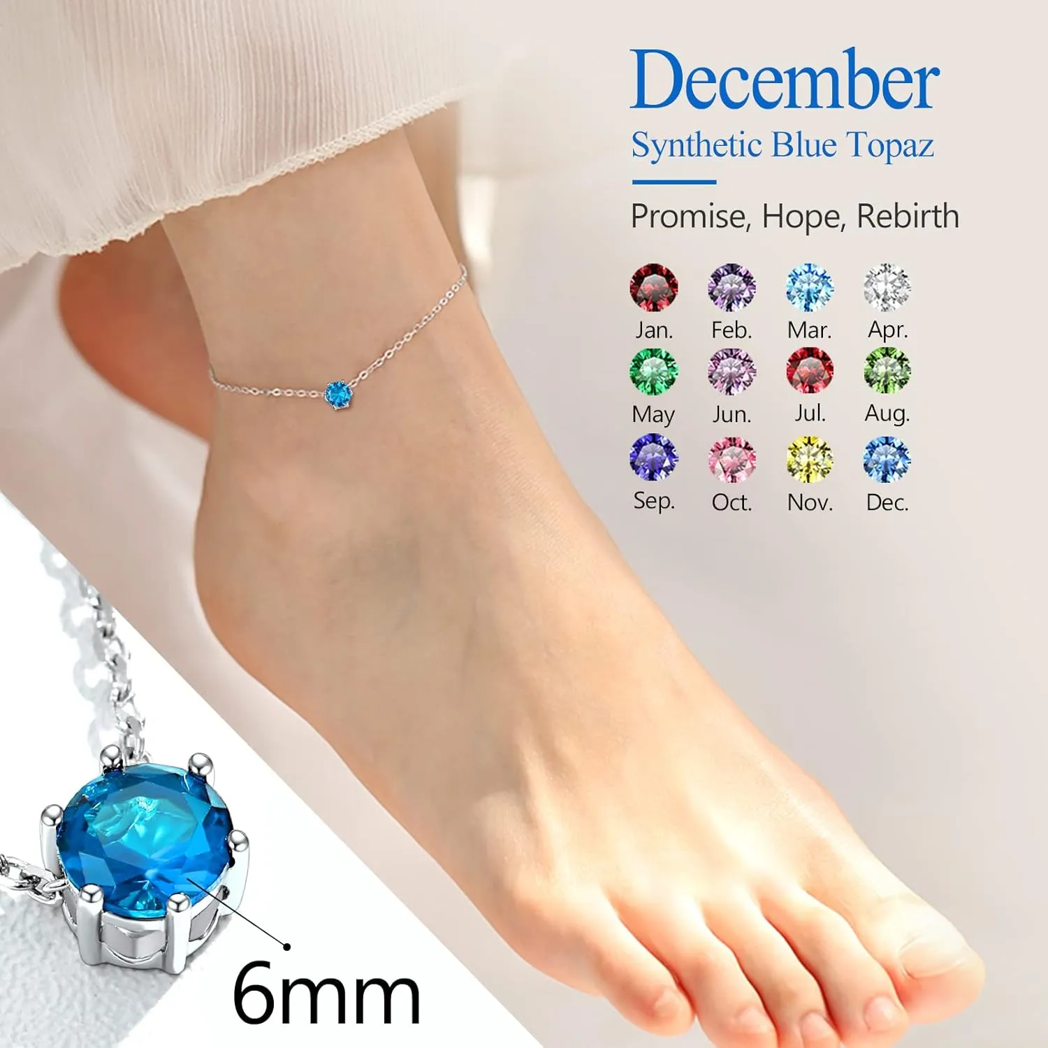 Silvora 925 Sterling Silver Anklets for Women, Dainty Round Birthstone Ankle Beach Summer Anklet, 8.7-10.7 Inch Adjustable Anklet for Women
