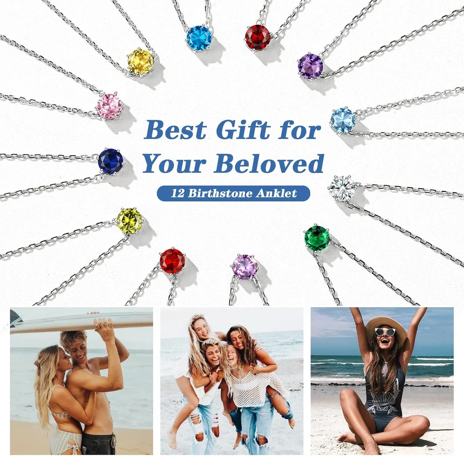 Silvora 925 Sterling Silver Anklets for Women, Dainty Round Birthstone Ankle Beach Summer Anklet, 8.7-10.7 Inch Adjustable Anklet for Women