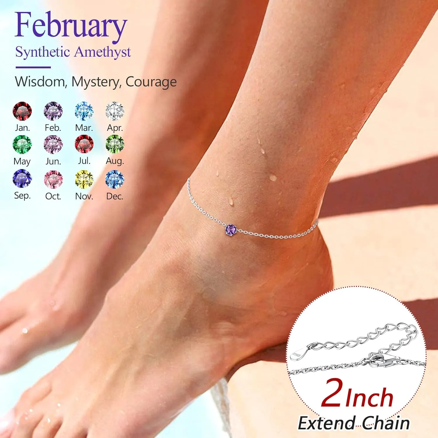Silvora 925 Sterling Silver Anklets for Women, Dainty Round Birthstone Ankle Beach Summer Anklet, 8.7-10.7 Inch Adjustable Anklet for Women