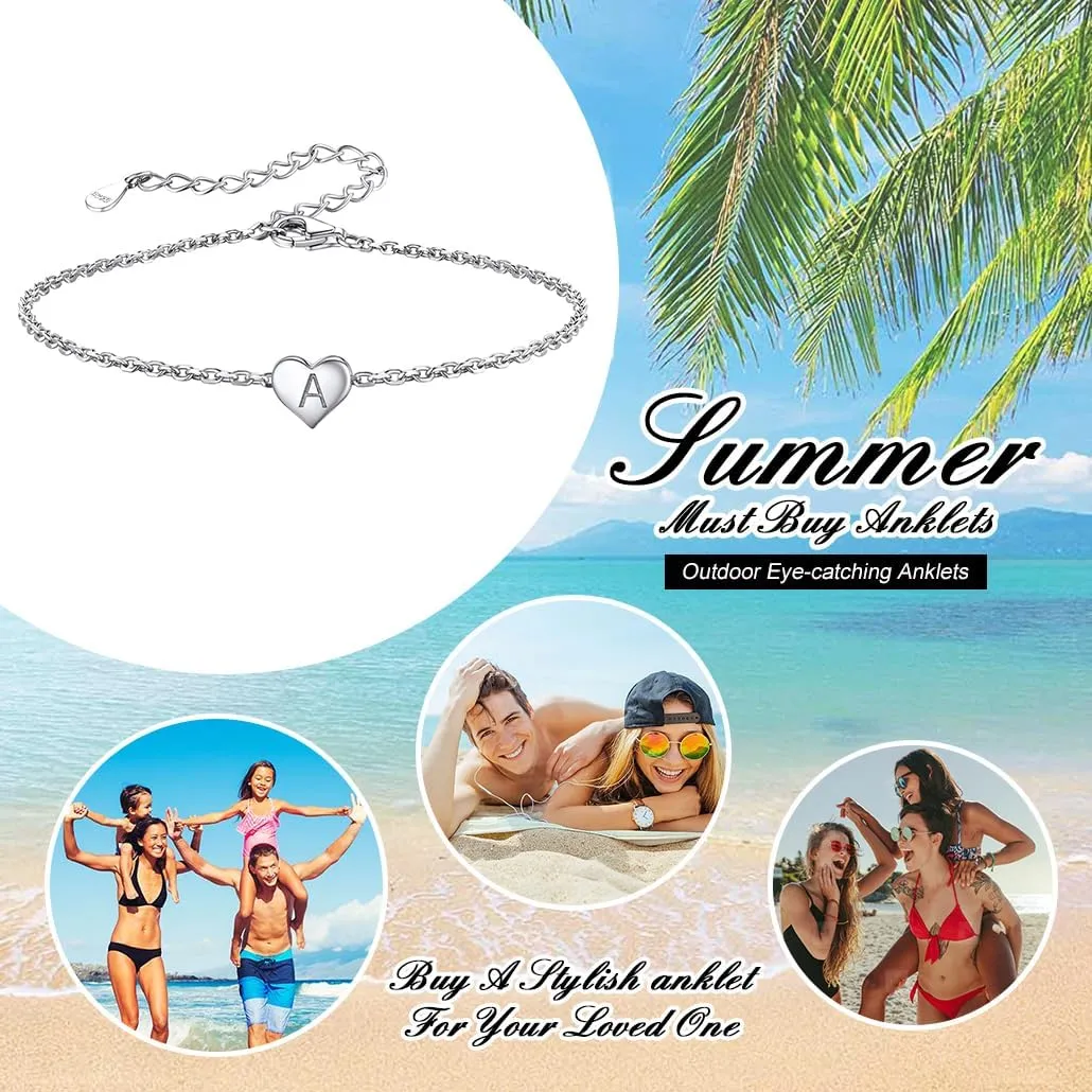 Silvora 925 Sterling Silver Initial Anklets for Women, Dainty Silver Heart Anklet A-Z Letter Anklet-Adjustable Chain with Gift Packaging