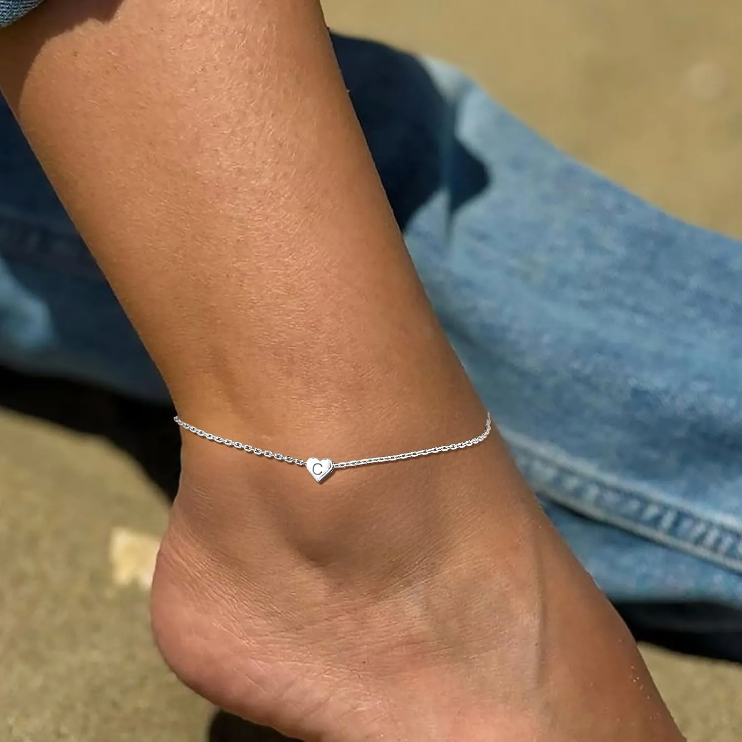 Silvora 925 Sterling Silver Initial Anklets for Women, Dainty Silver Heart Anklet A-Z Letter Anklet-Adjustable Chain with Gift Packaging