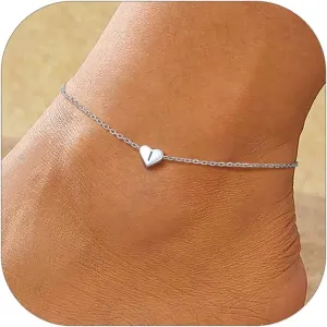 Silvora 925 Sterling Silver Initial Anklets for Women, Dainty Silver Heart Anklet A-Z Letter Anklet-Adjustable Chain with Gift Packaging
