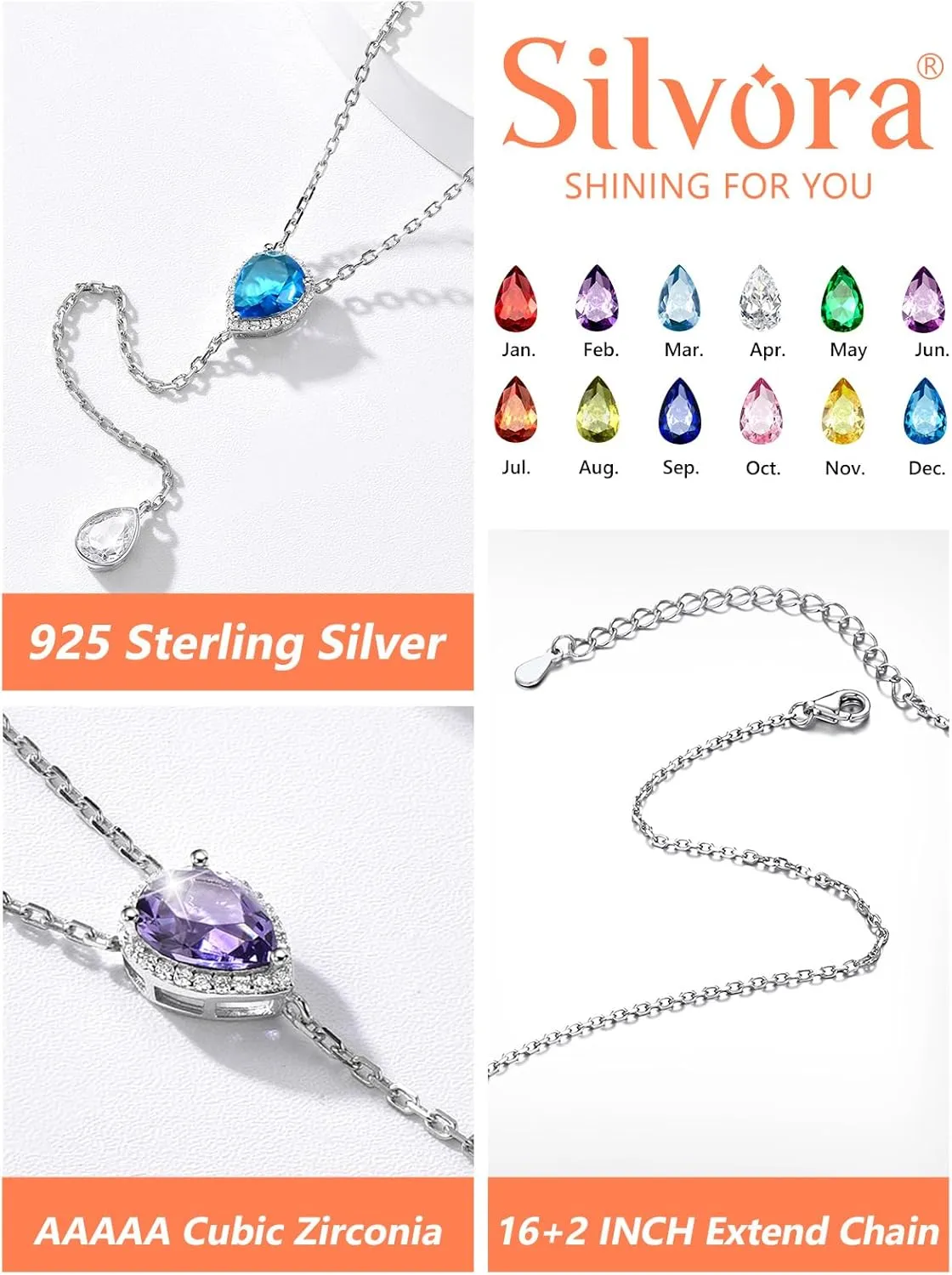 Silvora Birthstone Necklace for Women Teardrop Pendant Necklace Womens Y Necklace Dainty Birthstone Drop Lariat Necklaces Birthday Gifts for Women Mother