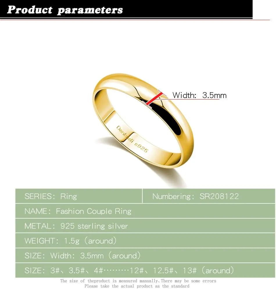Simple Fashion S925 Sterling Silver Ring Smooth Plain Dome Comfort Solid Silver Wedding Ring For Men & Women 3.5 mm 3-13# 24k Real Gold Plated Jewelry